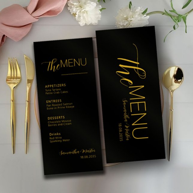 Black Gold Minimal Script Wedding Menü Menükarte (Von Creator hochgeladen)
