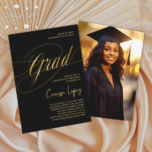 Black & Gold Minimal Scripted Grad Zeremonie Foto Einladung