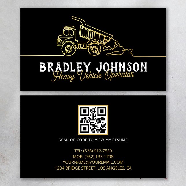Black Gold Modern Heavy Vehicle Operator QR Code Visitenkarte (Von Creator hochgeladen)