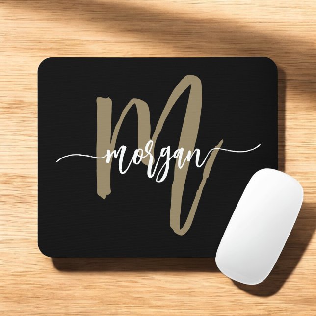 Black Gold Modern Script Monogram Name Mousepad (Von Creator hochgeladen)