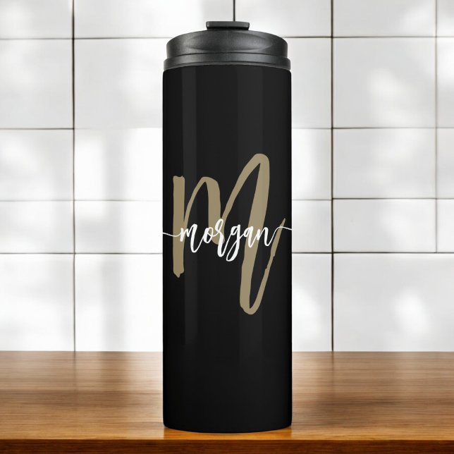 Black Gold Modern Script Monogram Name Thermosbecher (Von Creator hochgeladen)