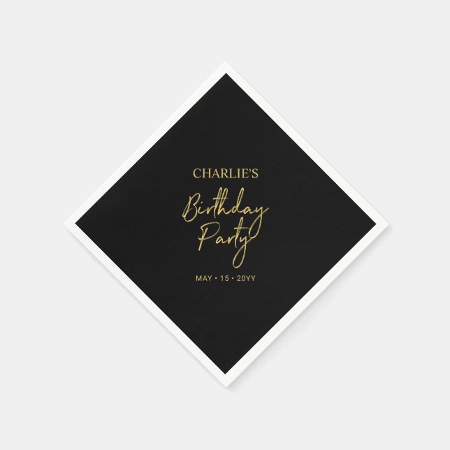 Black & Gold Moderne Brush Script Geburtstagsparty Serviette (Ecke)
