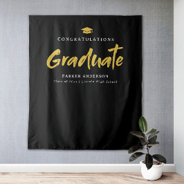 Black & Gold Moderne Brush Script Graduation Party Wandteppich