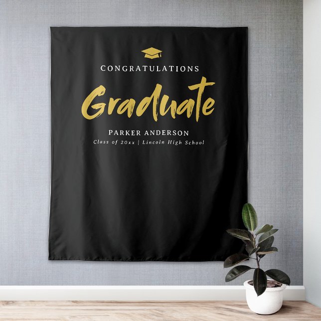 Black & Gold Moderne Brush Script Graduation Party Wandteppich (Black & Gold Modern Brush Script Graduation Party Tapestry)