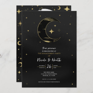 Black & Gold Moderne Celestial Moon Star Verlobung Einladung
