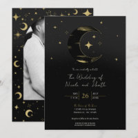 Black & Gold Moderne Celestial Moon Stars Hochzeit