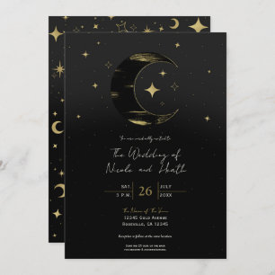 Black & Gold Moderne Celestial Moon Stars Hochzeit Einladung