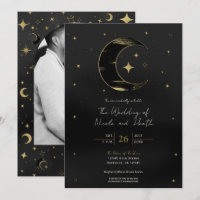 Black & Gold Moderne Celestial Moon Stars Hochzeit