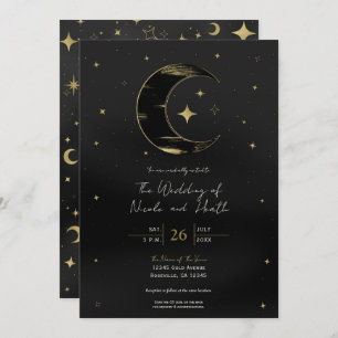 Black & Gold Moderne Celestial Moon Stars Hochzeit Einladung