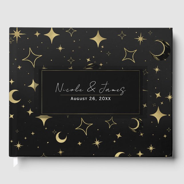 Black & Gold Moderne Celestial Moon Stars Hochzeit Gästebuch (Vorderseite)