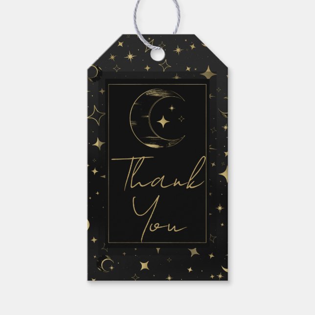Black & Gold Moderne Celestial Moon Stars Hochzeit Geschenkanhänger (Vorderseite)