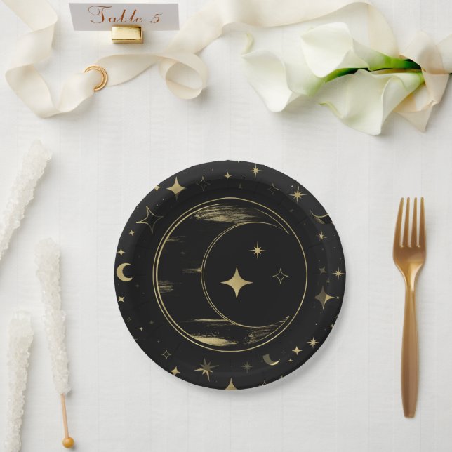 Black & Gold Moderne Celestial Moon Stars Hochzeit Pappteller (Hochzeit)