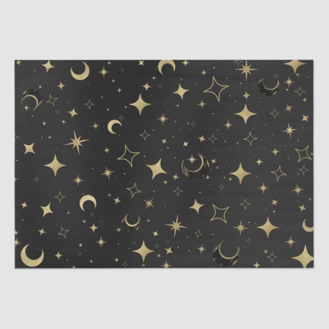Black & Gold Moderne Celestial Moon Stars Hochzeit Seidenpapier (Vorderseite)