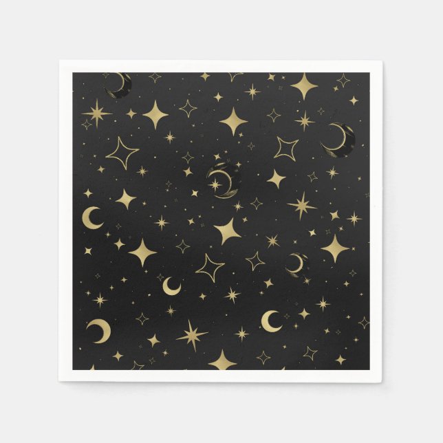 Black & Gold Moderne Celestial Moon Stars Hochzeit Serviette (Vorderseite)
