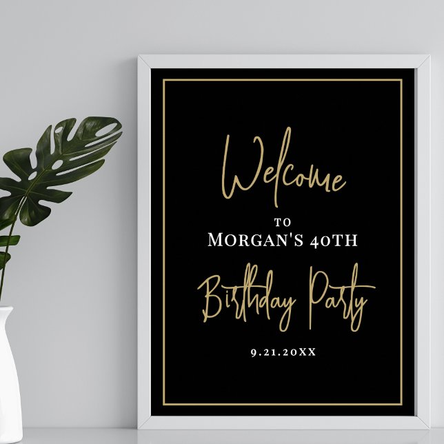 Black Gold Moderne Geburtstagsparty Willkommen Poster (Black Gold Modern Birthday Party Welcome Poster)