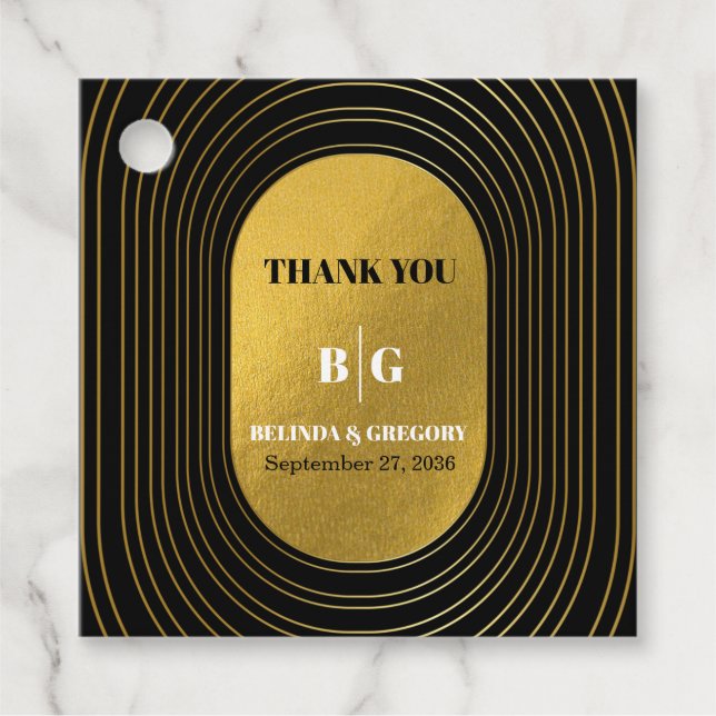 Black & Gold Moderne Minimalistisch Arch Wedding Geschenkanhänger (Vorderseite)