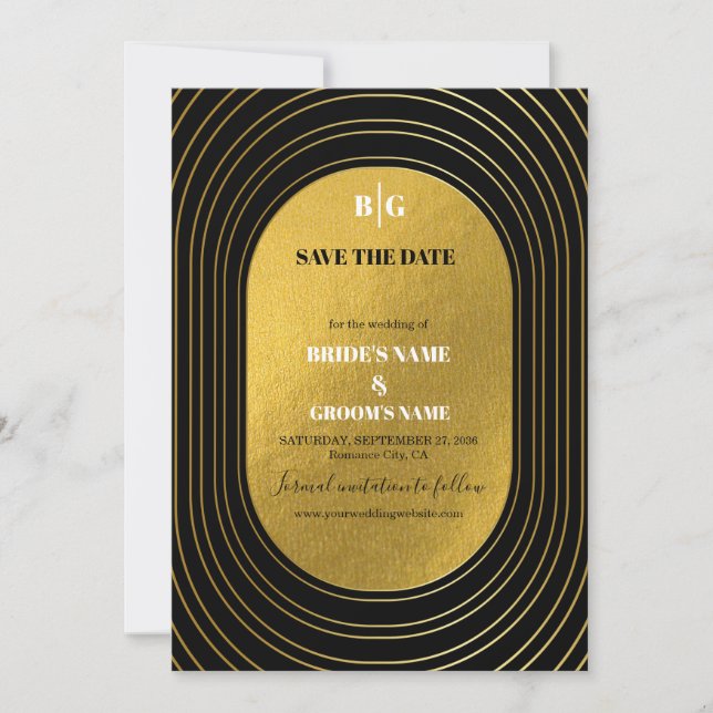 Black & Gold Moderne Minimalistisch Arch Wedding Save The Date (Vorderseite)