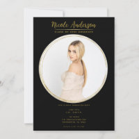 Black & Gold Moderne Round Foto Graduation Party