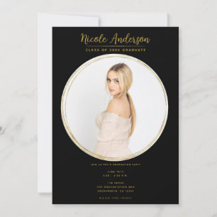 Black & Gold Moderne Round Foto Graduation Party Einladung
