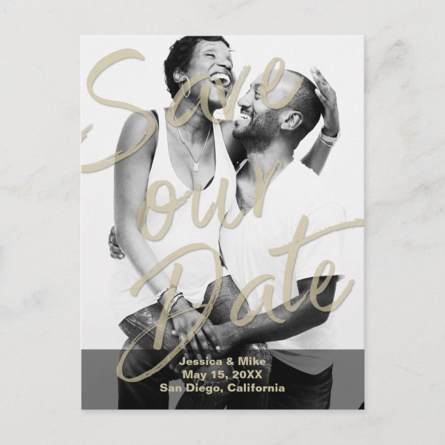 Black Gold Modernes Foto Script Rettete unser Datu Ankündigungspostkarte (Vorderseite)