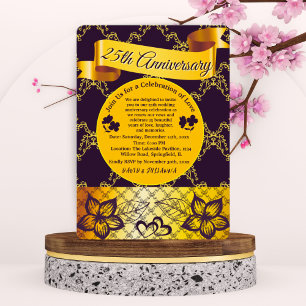 Black & Gold Modernes Herz 25. Hochzeitstag Einladung