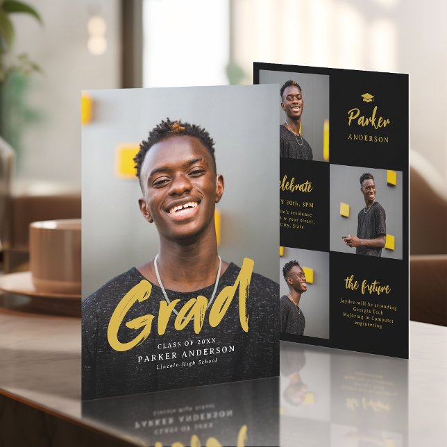 Black & Gold Modernes Script Foto Abschluss Einladung (Black & Gold Modern Script Photo Graduation Invitation)