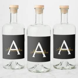 Black Gold Modernes Script Giron Monogram Name Alkoholflaschenetikett