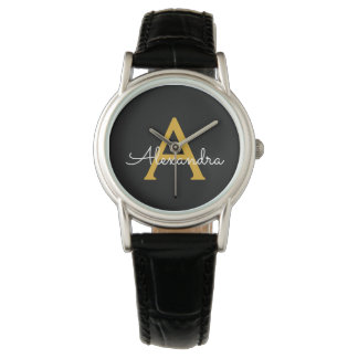 Black Gold Modernes Script Giron Monogram Name Armbanduhr