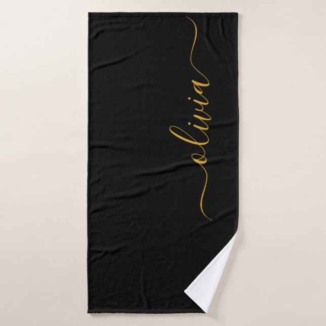 Black Gold Modernes Script Giron Monogram Name Badehandtuch (Badehandtuch)
