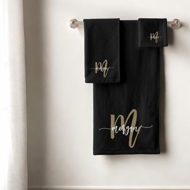 Black Gold Modernes Script Giron Monogram Name Badhandtuch Set (Von Creator hochgeladen)