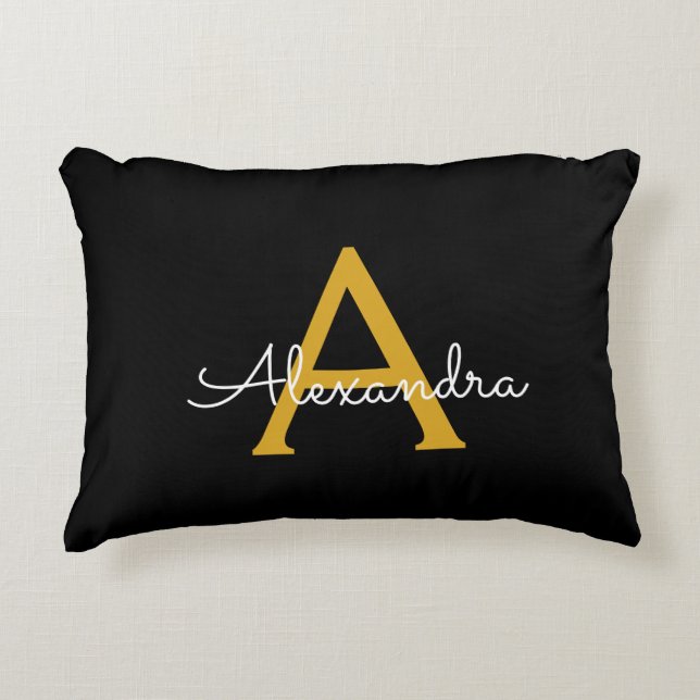Black Gold Modernes Script Giron Monogram Name Dekokissen (Vorderseite)