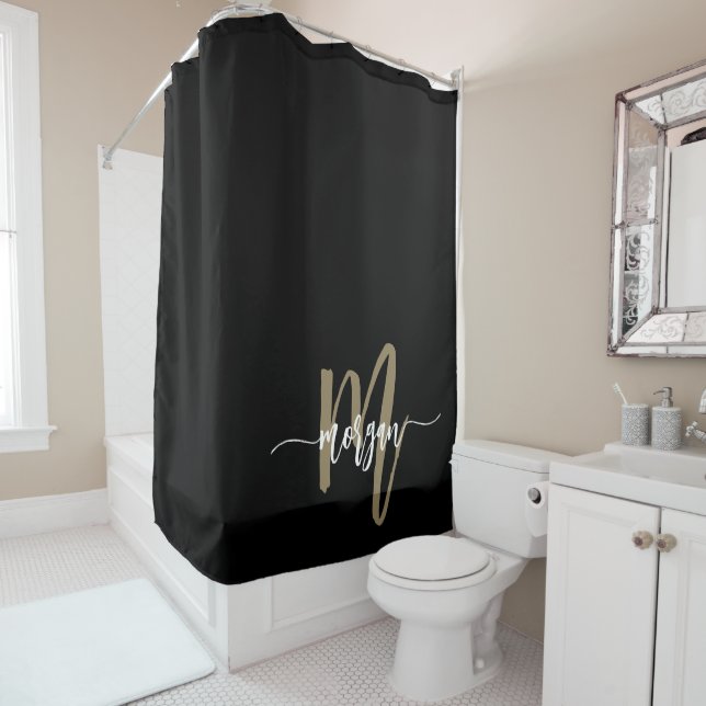 Black Gold Modernes Script Giron Monogram Name Duschvorhang (Beispiel)