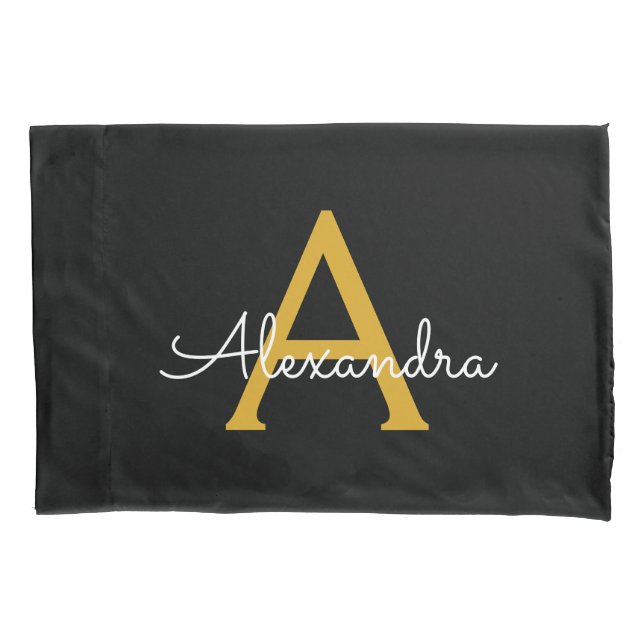 Black Gold Modernes Script Giron Monogram Name Kissenbezug (Vorderseite)