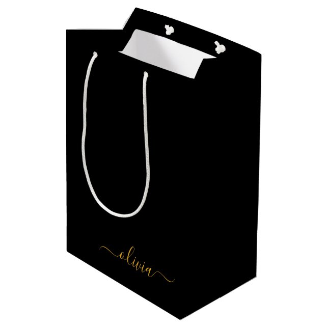 Black Gold Modernes Script Giron Monogram Name Mittlere Geschenktüte (Rückseite Schrägansicht)