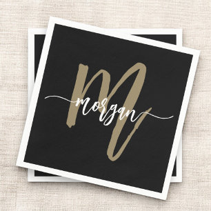 Black Gold Modernes Script Giron Monogram Name Serviette