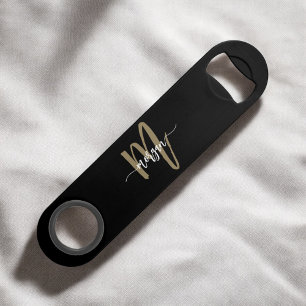 Black Gold Modernes Script Giron Monogram Name Speed Flaschenöffner
