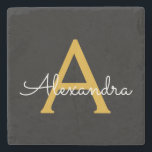 Black Gold Modernes Script Giron Monogram Name Steinuntersetzer<br><div class="desc">Schwarz und Gold einfache Script Monogram Name Stone Tile. Das macht den perfekten Abschluss,  süßen 16 Geburtstag,  Hochzeit,  Brautparty,  Jubiläum,  Babydusche oder Junggeselinnen-Abschied Geschenk für jemanden,  die Lieben glamourösen Luxus und schicke Stile.</div>