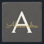 Black Gold Modernes Script Giron Monogram Name Steinuntersetzer<br><div class="desc">Schwarz und Gold einfache Script Monogram Name Stone Tile. Das macht den perfekten Abschluss,  süßen 16 Geburtstag,  Hochzeit,  Brautparty,  Jubiläum,  Babydusche oder Junggeselinnen-Abschied Geschenk für jemanden,  die Lieben glamourösen Luxus und schicke Stile.</div>