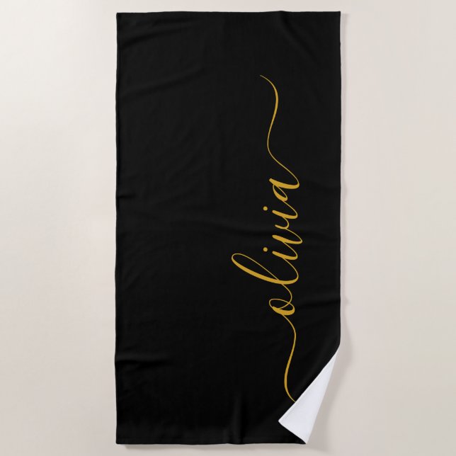 Black Gold Modernes Script Giron Monogram Name Strandtuch (Vorderseite)