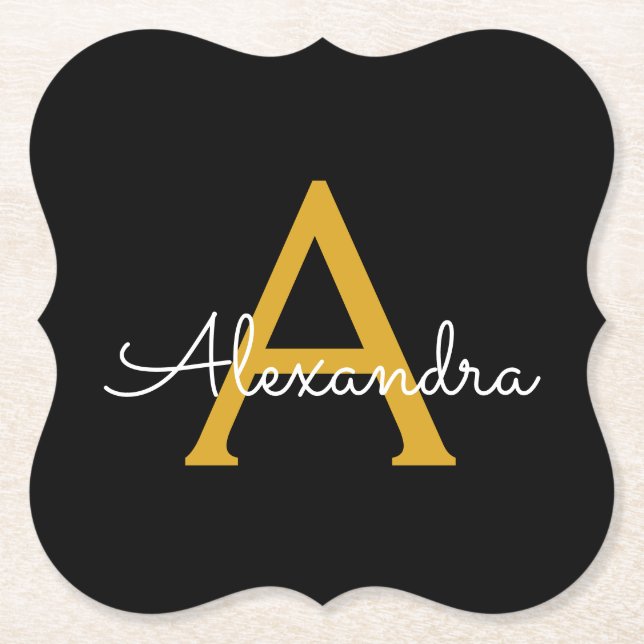 Black Gold Modernes Script Giron Monogram Name Untersetzer (Vorderseite)