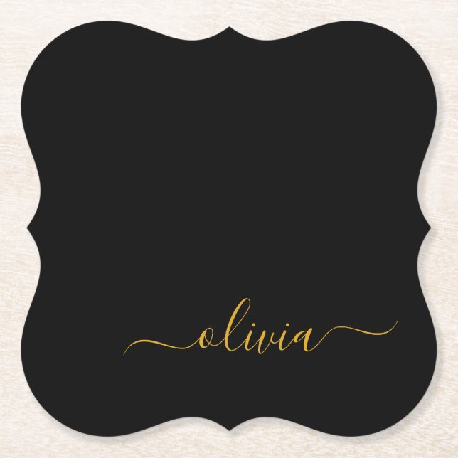 Black Gold Modernes Script Giron Monogram Name Untersetzer (Vorderseite)