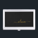 Black Gold Modernes Script Giron Monogram Name Visitenkarten Dose<br><div class="desc">Black and Gold Simple Script Monogram Name Business Card Holder. Das macht den perfekten 16 Geburtstag,  Hochzeit,  Brautparty,  Jubiläum,  Babydusche oder Junggeselinnen-Abschied Geschenk für jemanden,  der Lieben glamourösen Luxus und schicke Stile.</div>