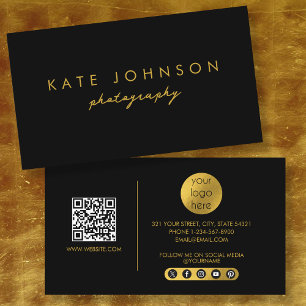 Black Gold Modernes Script QR Code Social Media B Visitenkarte
