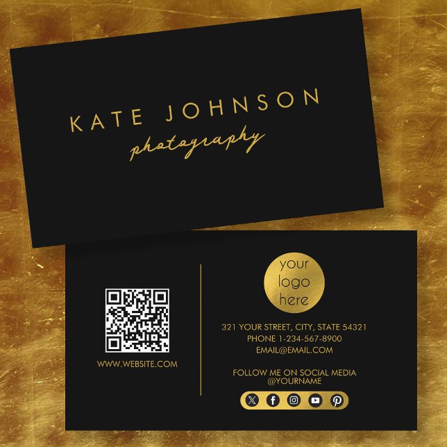 Black Gold Modernes Script QR Code Social Media B Visitenkarte (Black Gold Modern Script QR Code Social Media B Business Card)
