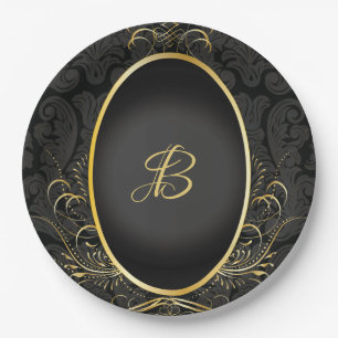 Black gold Monogram Classy Royal Style Plate Pappteller