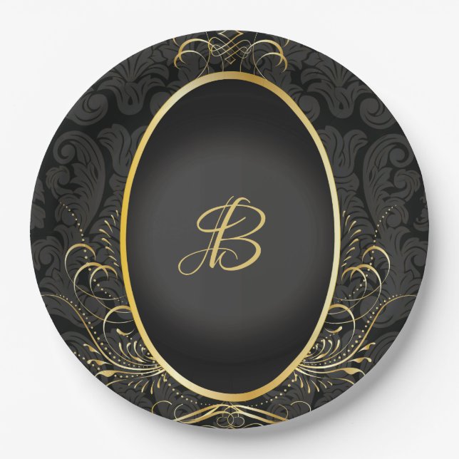 Black gold Monogram Classy Royal Style Plate Pappteller (Vorderseite)
