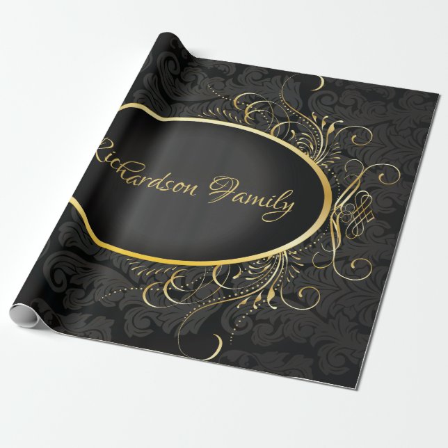 Black gold Monogram Classy Royal Style Wrapping Geschenkpapier (Ungerollt)