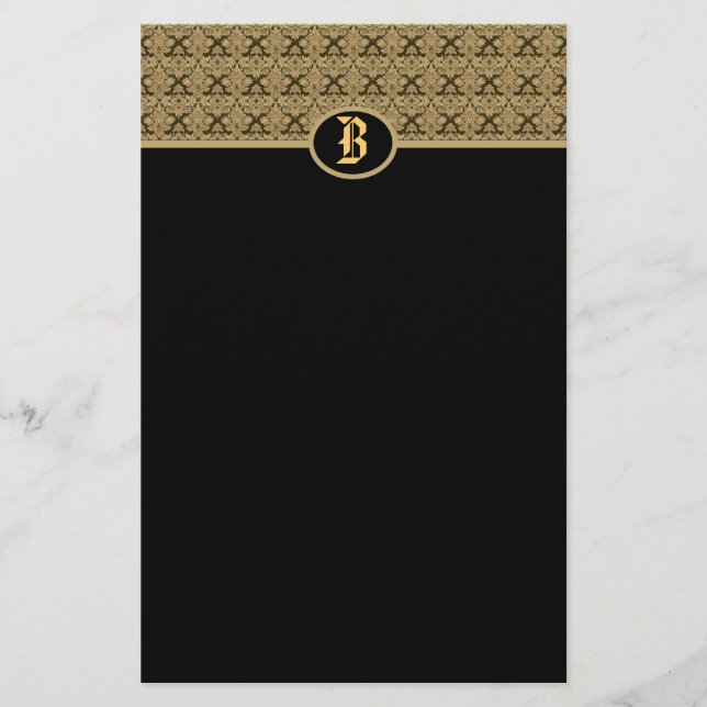 Black Gold Monogram Damask Stationery Briefpapier (Vorderseite)