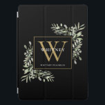 Black Gold Monogram Elegant Greenery iPad Pro Hülle<br><div class="desc">Elegante Aquarell Blätter Monogramm Name Handy Fall mit einem Gold Monogramm Initial auf einem schicken schwarzen Hintergrund. Entwickelt von Thisisnotme©</div>