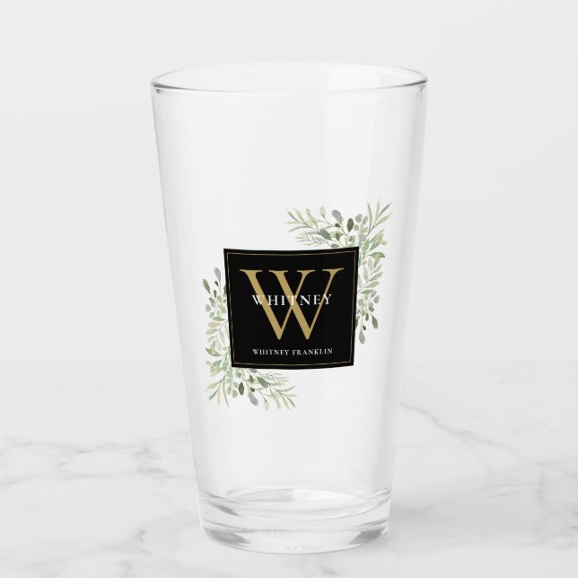 Black Gold Monogram Elegant Moderne Grüne Glas (Vorderseite)